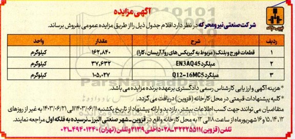 مزایده فروش قطعات فورج و بلنک