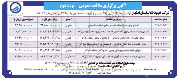 مناقصه اصلاح و توسعه شبکه فاضلاب در سطح منطقه سه...- نوبت دوم 
