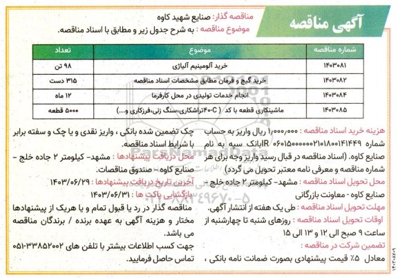 مناقصه خرید آلومینیوم آلیاژی...