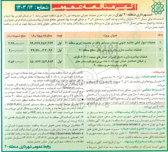مناقصه عملیات دیوارکشی حاشیه جنوبی بوستان مینیاتور...