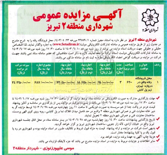 مزایده واگذاری محل فروشگاه رفاه