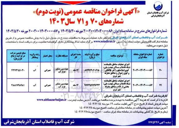 مناقصه اجرای عملیات مناطق باقیمانده شبکه فاضلاب- نوبت دوم