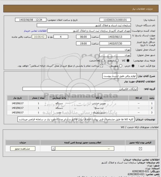 استعلام لوازم برقی طبق لیست پیوست