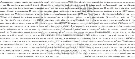 آگهی مزایده 24 شعیر مشاع از 96 شعیر از شش دانگ یکباب خانه مسکونی به پلاک ثبتی 134 فرعی از 3 اصلی ، مفروز و مجزا شده از11 فرعی از اصلی