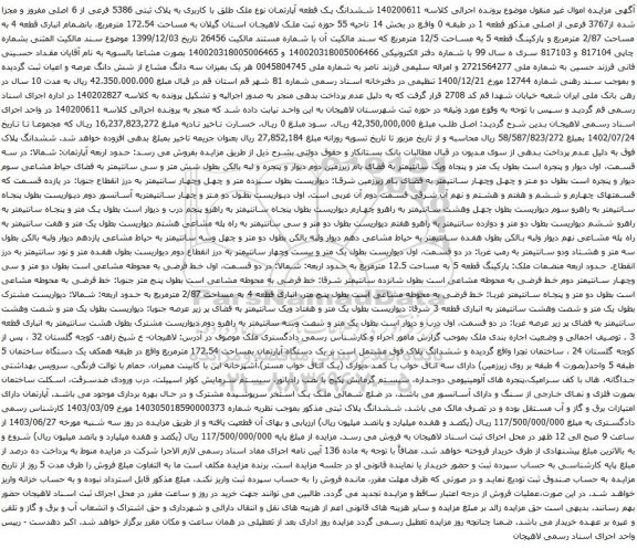 آگهی مزایده ششدانگ یک قطعه آپارتمان نوع ملک طلق با کاربری به پلاک ثبتی 5386 فرعی از 6 اصلی مفروز و مجزا شده از3767 فرعی از اصلی 