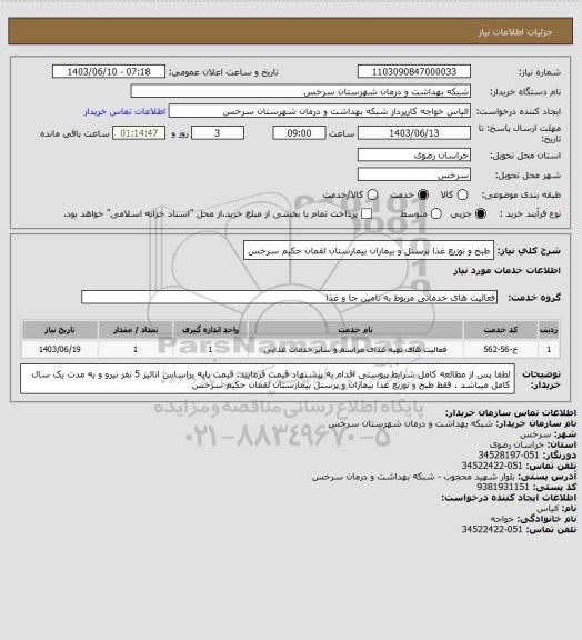 استعلام طبخ و توزیع غذا پرسنل و بیماران بیمارستان لقمان حکیم سرخس