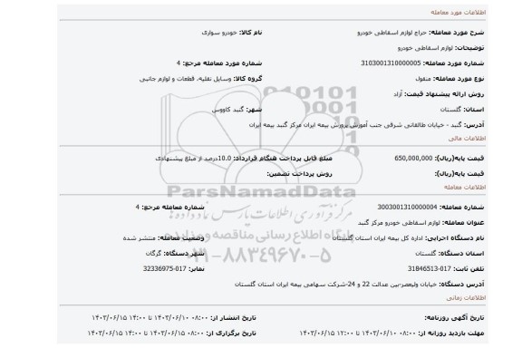 مزایده، لوازم اسقاطی خودرو