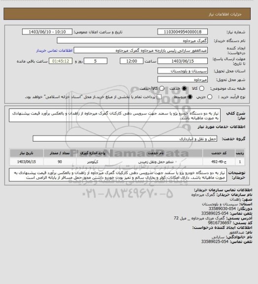 استعلام نیاز به دو دستگاه خودرو پژو یا سمند جهت سرویس دهی کارکنان گمرک میرجاوه از زاهدان و بالعکس
برآورد قیمت پیشنهادی به صورت ماهیانه باشد.