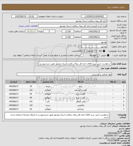 استعلام درخواست خرید سبد کالای اداره کل بیمه سلامت استان بوشهر طبق شرح پیوست