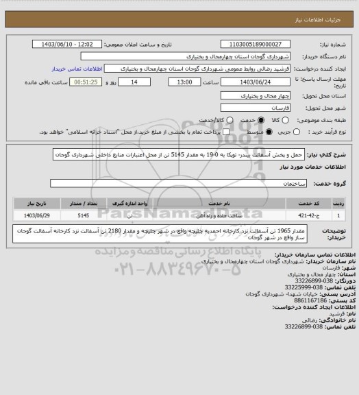 استعلام حمل و پخش آسفالت بیندر- توپکا به 0-19 به مقدار 5145 تن از محل اعتبارات منابع داخلی شهرداری گوجان