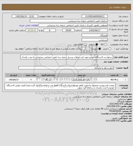 استعلام درخواست 4دستگاه خودرو جهت ایاب وذهاب پرسنل شعبه سه تامین اجتماعی بندرعباس به مدت یکسال