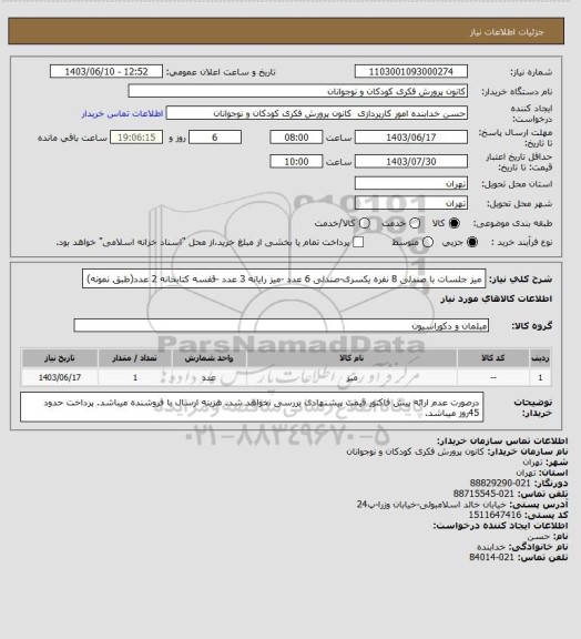 استعلام میز جلسات با صندلی 8 نفره یکسری-صندلی 6 عدد -میز رایانه 3 عدد -قفسه کتابخانه 2 عدد(طبق نمونه)