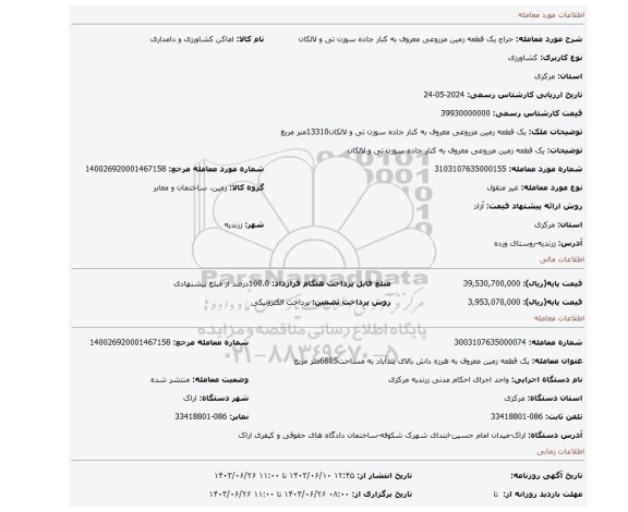مزایده، یک قطعه زمین  مزروعی معروف به کنار جاده سوزن تی و لالکان