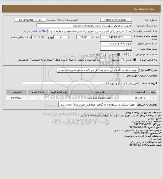 استعلام بهینه سازی شبکه و تبدیل سیم به کابل خودنگهدار سطح شهرستان بروجن