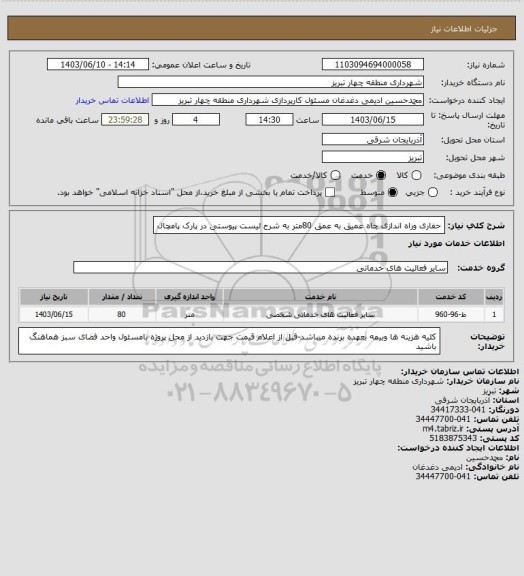 استعلام حفاری وراه اندازی چاه عمیق به عمق 80متر به شرح لیست پیوستی در پارک پامچال