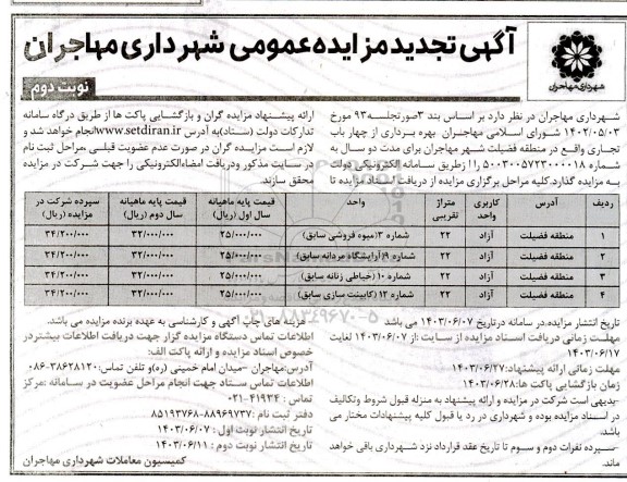 تجدید مزایده بهره برداری از چهار باب تجاری- نوبت دوم