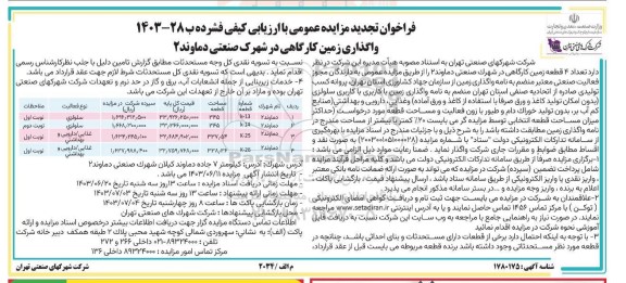 تجدید مزایده واگذاری تعداد 4 قطعه زمین کارگاهی در شهرک صنعتی دماوند