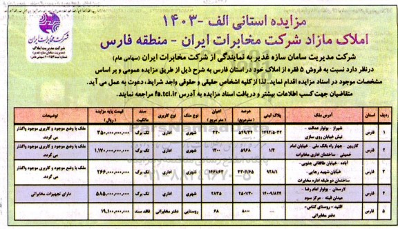 مزایده فروش 5 فقره از املاک
