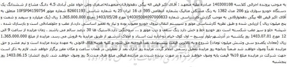 آگهی مزایده  4.5 دانگ مشاع از ششدانگ یک دستگاه خودرو سواری پژو 206 مدل 1382