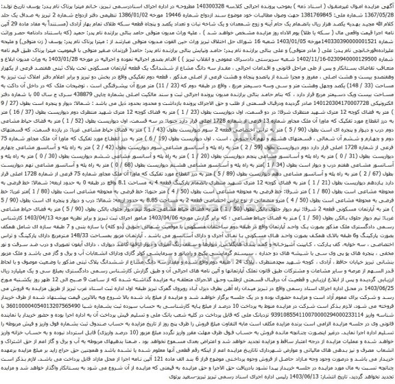 آگهی مزایده مقدار سه دانگ مشاع از ششدانگ یک قطعه آپارتمان مسکونی تحت پلاک ثبتی هفتصد فرعی از یکهزار وهفتصدو بیست و هشت اصلی