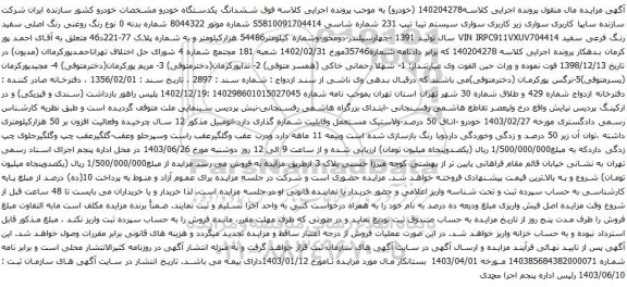 آگهی مزایده سواری سیستم تیبا تیپ 231