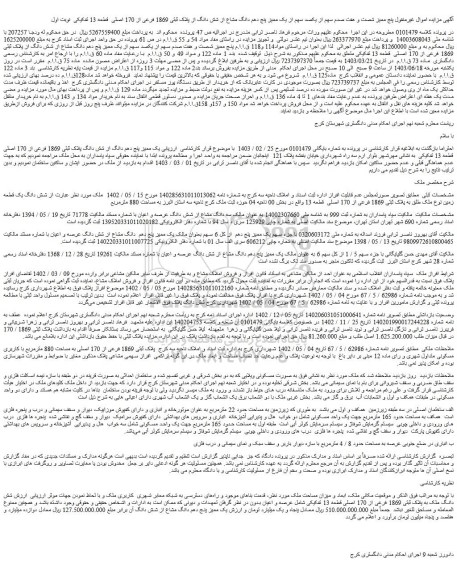 مزایده فروش شش دانگ یک قطعه زمین نوع ملک طلق به پلاک ثبتی 1869 فرعی از 170 اصلی قطعه 13