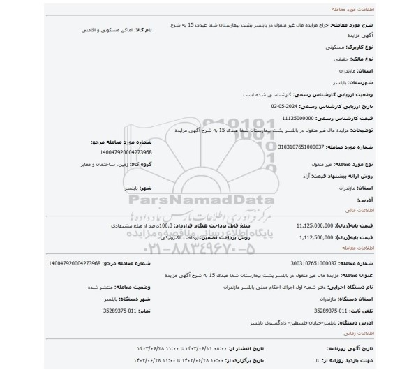 مزایده، مزایده مال غیر منقول در بابلسر پشت بیمارستان شفا عبدی 15  به شرح آگهی مزایده