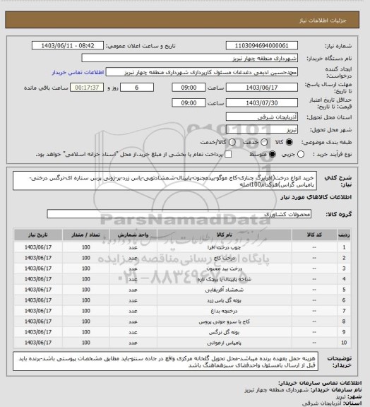 استعلام خرید انواع درخت(افرابرگ چناری-کاج موگو-بیدمجنون-پاپیتال-شمشادتوپی-یاس زرد-پر-ژونی پرس ستاره ای-نرگس درختی-پامپاس گراس)هرکدام100اصله