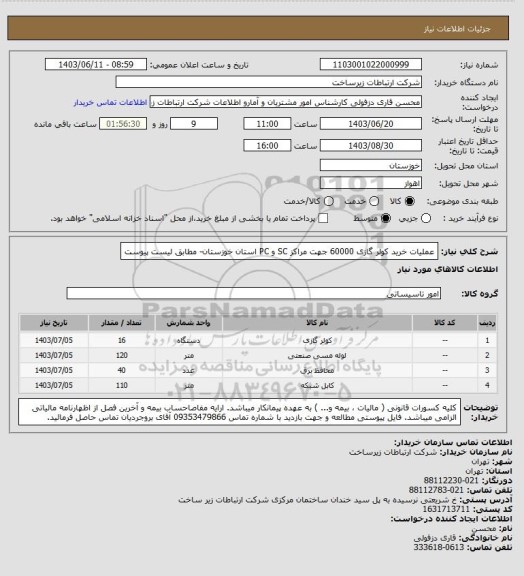 استعلام عملیات خرید کولر گازی 60000 جهت مراکز SC و PC  استان خوزستان- مطابق لیست پیوست