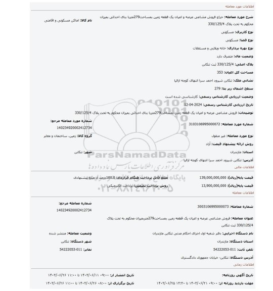 مزایده، فروش مشاعی عرصه و اعیان یک قطعه زمین بمساحت279متربا بنای احداثی بمیزان محکوم به تحت پلاک 330/125/4