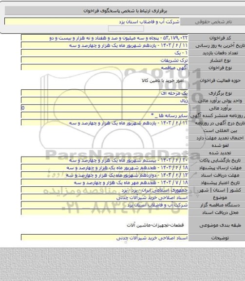 مناقصه, اسناد اصلاحی خرید شیرآلات چدنی