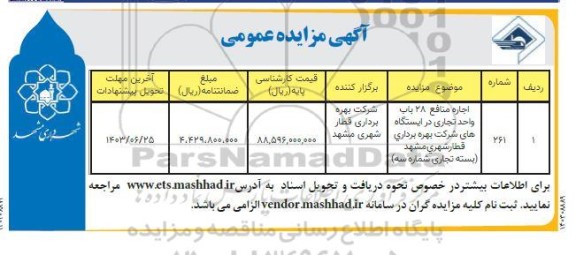 مزایده اجاره منافع 28 باب واحد تجاری در ایستگاه های شرکت ...