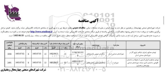 مناقصه تهیه مصالح و اجرای شبکه توزیع گاز در شهرک های صنعتی...