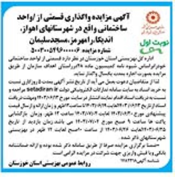 مزایده واگذاری قسمتی از / واحد ساختمانی