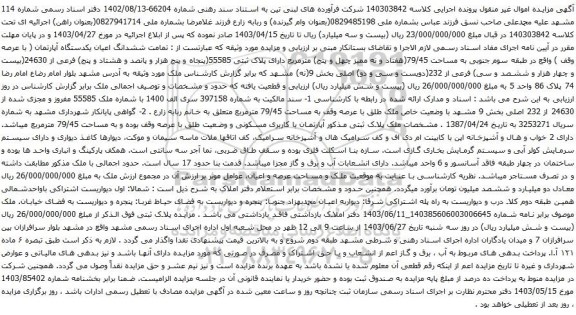 آگهی مزایده تمامت ششدانگ اعیان یکدستگاه آپارتمان ( با عرصه وقف )