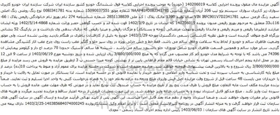 آگهی مزایده خودرو کاربری سواری زیر کاربری سواری سیستم پژو تیپ 206 آریان