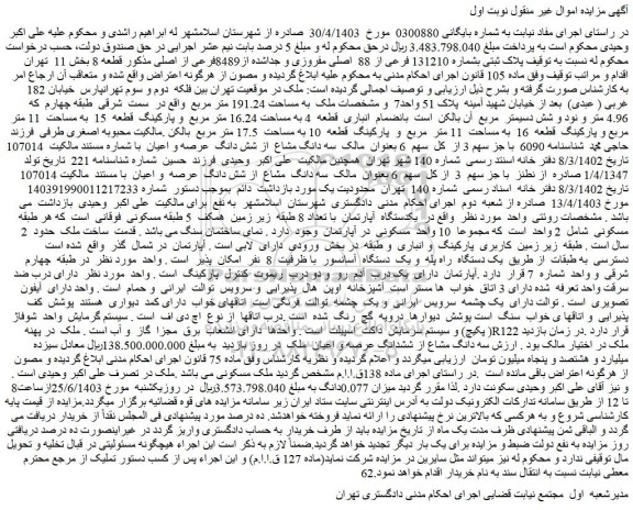 مزایده فروش ملک پلاک ثبتی بشماره 131210 فرعی از 88 اصلی مفروزی و جداشده از8489فرعی از اصلی