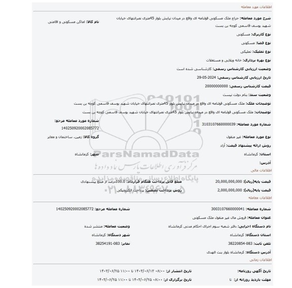 مزایده، ملک مسکونی قولنامه ای واقع در میدان نیایش بلوار 45متری نصرانتهای خیابان شهید یوسف قاسمی کوچه بن بست