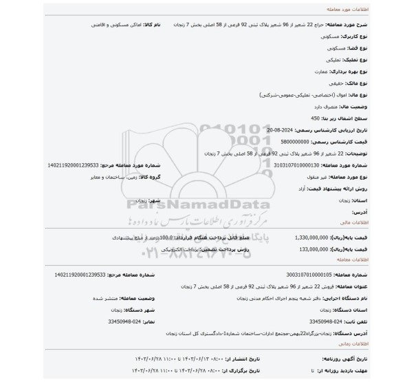 مزایده، 22 شعیر از 96 شعیر پلاک ثبتی 92 فرعی از 58 اصلی بخش 7 زنجان