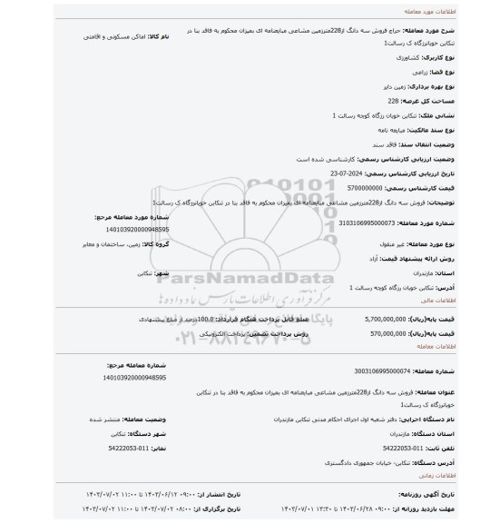 مزایده، فروش سه دانگ از228مترزمین مشاعی مبایعنامه ای بمیزان محکوم به فاقد بنا در تنکابن خوبانرزگاه ک رسالت1