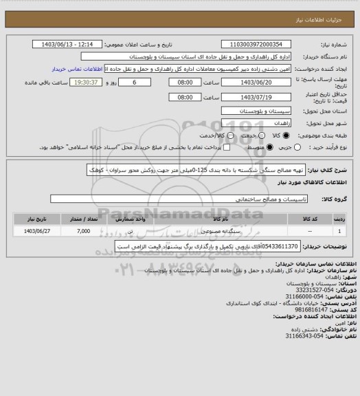 استعلام تهیه مصالح سنگی شکسته با دانه بندی 125-0میلی متر جهت روکش محور سراوان - کوهک