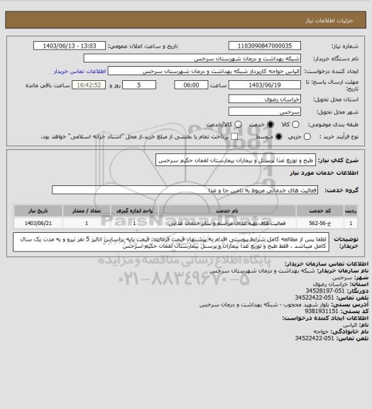 استعلام طبخ و توزیع غذا پرسنل و بیماران بیمارستان لقمان حکیم سرخس