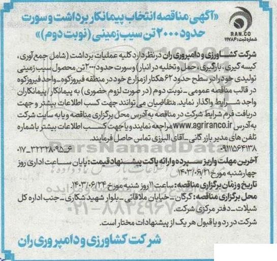 مناقصه انتخاب پیمانکار برداشت و سورت حدود 2000 تن سیب زمینی  - نوبت دوم 