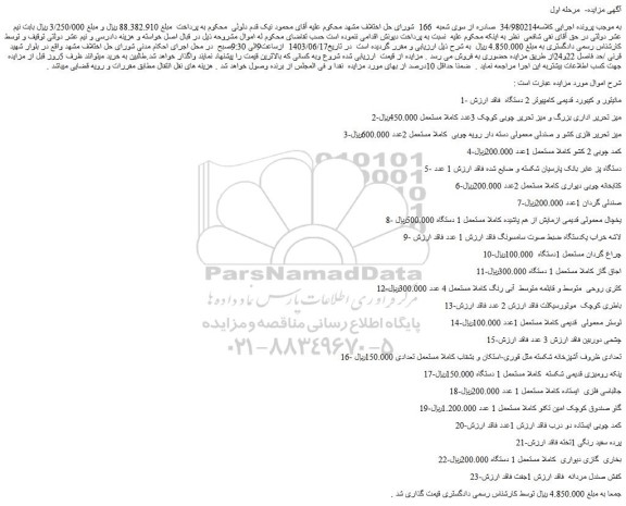 مزایده فروش مانیتور و کیبورد قدیمی کامپیوتر 2 دستگاه و...