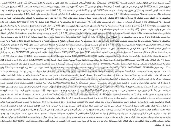 آگهی مزایده ششدانگ یک قطعه آپارتمان مسکونی نوع ملک طلق با کاربری به پلاک ثبتی 193190 فرعی از 4476 اصلی ، مفروز و مجزا شده از30367 فرعی از اصلی