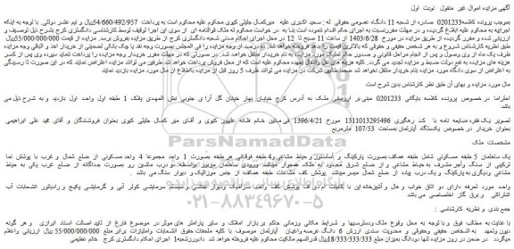 مزایده فروش یکدستگاه آپارتمان بمساحت 107/53 مترمربع