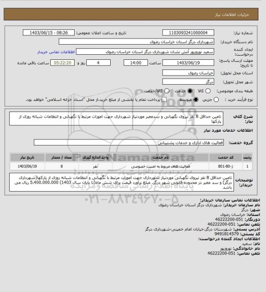 استعلام تامین حداقل 8 نفر نیروی نگهبانی و سدمعبر موردنیاز شهرداری جهت امورات مرتبط با نگهبانی و انتظامات شبانه روزی از پارکها