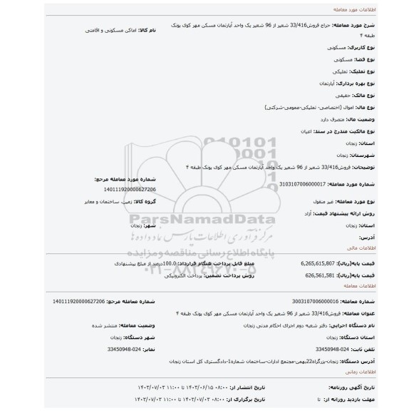 مزایده، فروش33/416 شعیر از 96 شعیر یک واحد آپارتمان مسکن مهر کوی پونک طبقه ۴