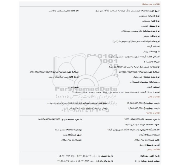 مزایده، شش دانگ عرصه به مساحت 78/09 متر مربع