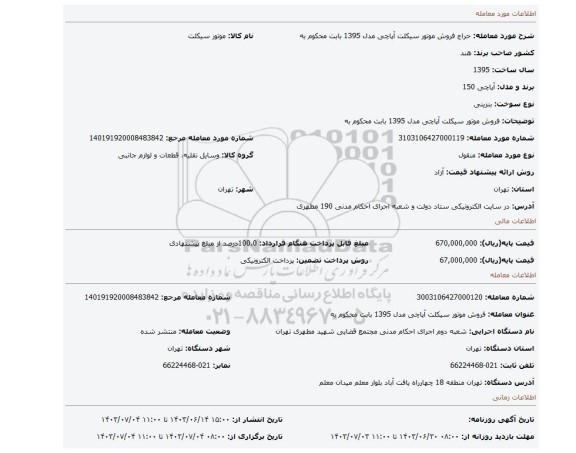 مزایده، فروش موتور سیکلت آپاچی مدل 1395  بابت محکوم به